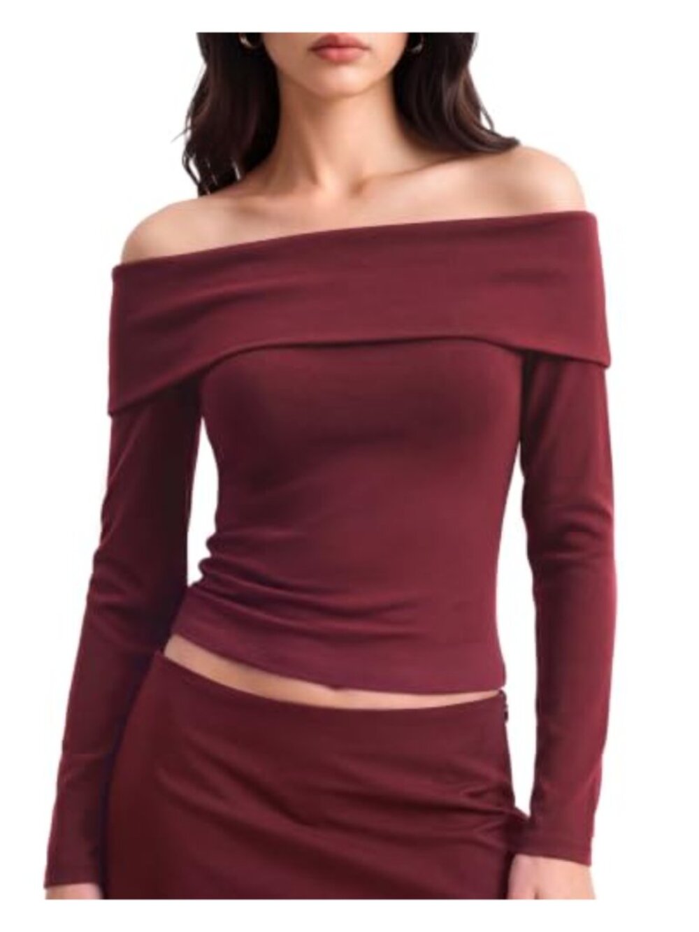 Off Shoulder Long Sleeve Top Slim Fit Convertible Neckline